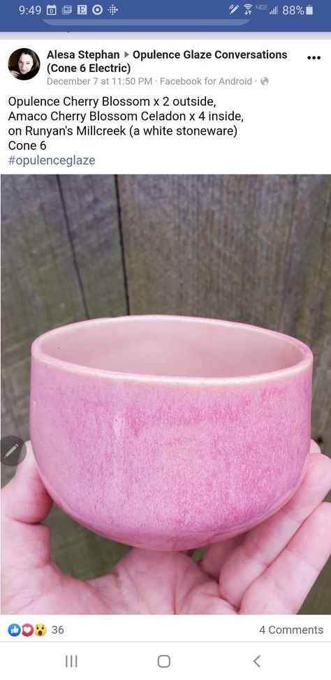 Orange Pottery Glazes, Amaco Cherry Blossom, Amaco Cherry Blossom Glaze Combinations, Cherry Blossom Glaze Combinations, Pink Opal Glaze Combinations, Pink Glaze Combinations For Pottery, Pink Glaze Combinations, Pink Glaze Recipe, Opulence Glaze