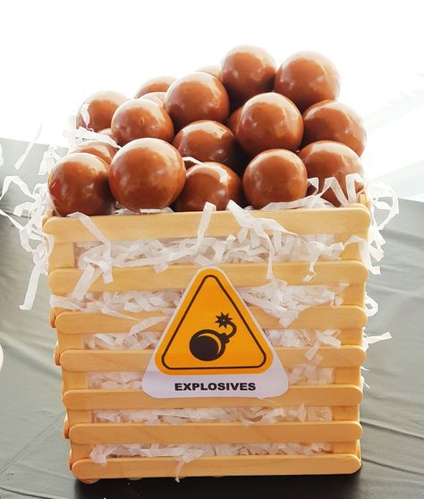 Spy / Secret Agent birthday party food ideas - Maltesers / Chocolate malt balls "Bombs" Mission Impossible Birthday Party, Detective Food Ideas, Bank Heist Birthday Party, Clue Themed Snacks, Detective Party Food, Spy Party Food, Police Party Food, Whodunnit Party, Mystery Party Food