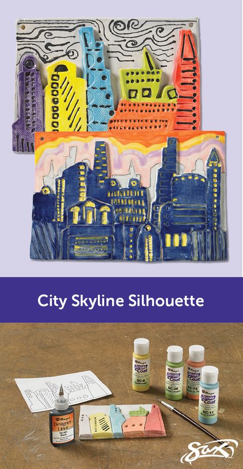 Create a City Skyline Silhouette with this ceramics lesson plan. The plan includes objectives, grade levels and National Core Arts Standards correlations, along with complete directions and materials list. Developed by our Sax Art Consultants. Architecture Lesson Plans, Cardboard City Buildings Art Projects, Middle School Landscape Art Lesson, 3rd Grade Art Lesson Plan Related To Artists, 2nd Grade Landscape Art Lesson, Cityscape Art Lesson Elementary, City Skyline Silhouette, Teaching Lessons Plans, Valentine Art Projects