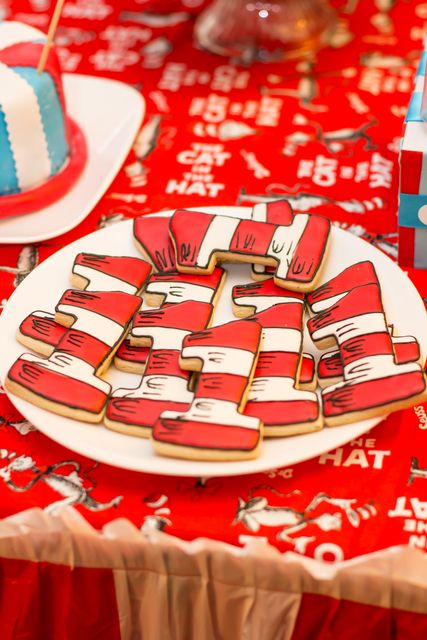 Awesome cookies at a Dr. Seuss party!  See more party ideas at CatchMyParty.com!  #drseuss #partyideas Dr Seuss 1st Birthday, Cat In The Hat Birthday, Doctor Suess Birthday, 1st Birthday Party Ideas, Dr Seuss Party Ideas, Hat Birthday Party, Cat In The Hat Party, Grill Sandwich, Dr Seuss Birthday Party