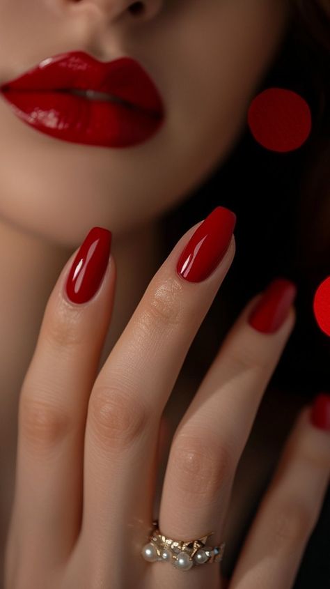 Red Nails And Red Lips, Red Lips And Nails, Bold Red Nails, Fiery Red Nails, Fire Red Nails, Red Nail Aesthetic, Nails Aesthetic Wallpaper, Aesthetic Red Nails, Red Nails Aesthetic