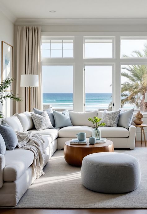 Coastal Living Room Coastal Contemporary Living Room, Coastal Living Room Ideas, Living Room Comfortable, Beach Inspired Decor, Zoom Background, Coastal Contemporary, Coastal Living Rooms, Comfortable Furniture, Coastal Living Room