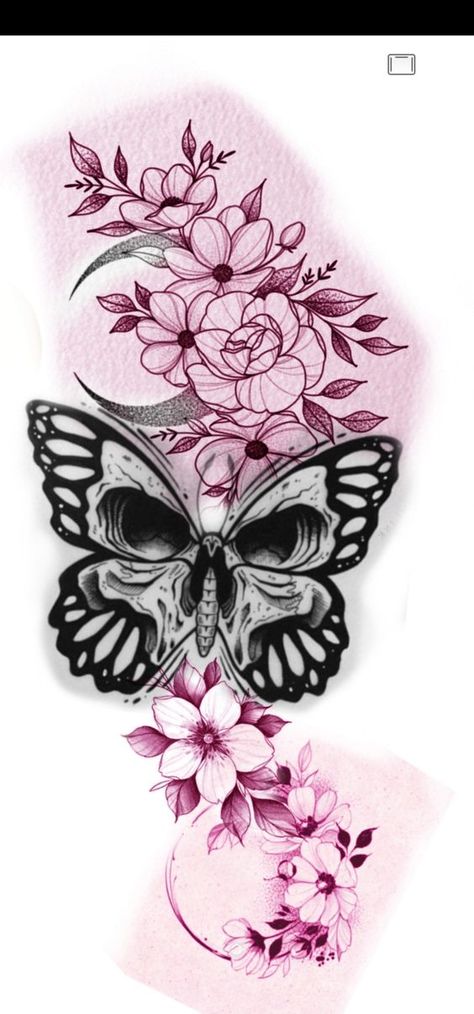 Tattoo Skull Tats For Women, Leg Tattoos Skull Women, Angel Butterfly Tattoo Designs, Skull Rose And Butterfly Tattoo, Thigh Tattoos With Butterflies, Skull Tattoos With Butterflies, Skull Butterfly Flower Tattoo, Cover Up Chest Tattoos Women, Flower And Skull Tattoos For Women