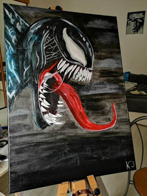 #venom #painting #myhobby Venom Acrylic Painting, Venom Canvas Painting, Paintings For Guys Room, Venom Painting Easy, Marvel Painting Ideas On Canvas, Marvel Painting Ideas, Venom Painting, Venom Drawing, Spiderman Painting