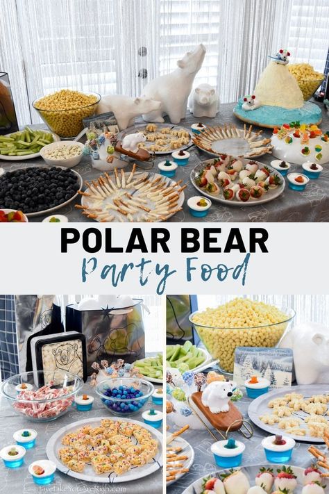 I made these festive-looking treats for my son’s nine year old Polar Bear birthday party. We had blue gum balls and smarties, birthday cake fresh blueberries, Dum Dums, yogurt dipped raisins, pirate booty, pretzels and strawberries, Rice Krispie snowflakes, jello cups, gummy bears, and more. Polar Bear Party Ideas, Bear Party Food, Polar Bear Theme Party, Polar Bear Snacks, Polar Bear Birthday Party, Sledding Birthday Party, Polar Bear Birthday, Polar Bear Party, Polar Bear Theme