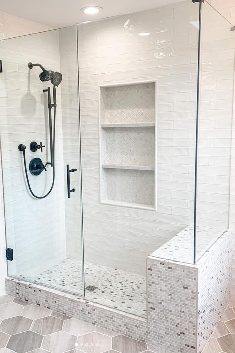 Rayna Vogel, owner and founder of Rayna Vogel Interior Design transforms homes with her unique eye for design Accent Wall In Master Bath, Accent Wall In Master, Freestanding Bathtub Shower Combo, Bathroom 2022, Freestanding Bathtub Shower, Custom Showers, Bathroom Tiling, Bathroom Shower Stalls, Tile Accent Wall