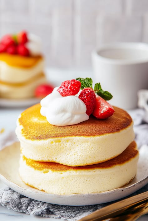 Vanilla Fluffy Pancakes, Single Serve Breakfast Recipes, Stuffed Pancake Recipe, Extra Fluffy Pancakes, Japanese Souffle Pancakes, Single Serve Breakfast, Super Fluffy Pancakes, Japanese Style Breakfast, Stuffed Pancakes