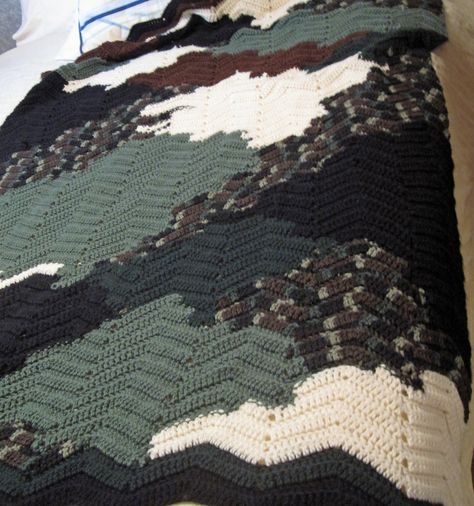 crochet lap blanket - ripple pattern with camouflage design Camouflage Crochet Blanket, Camo Crochet Blanket Pattern, Camo Crochet Blanket, Camo Crochet, Crochet Lap Blanket, Camo Blanket, Yarn Project, Ripple Pattern, Knitting Basics