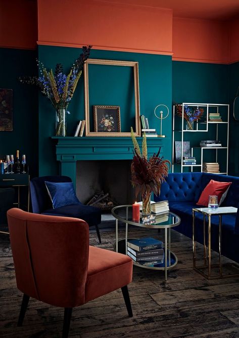 (paid link) Living Room Ideas You'll Love Peacock Green Living Room Ideas, Dark Green And Teal Living Room, Living Room Teal Walls, Dark Coloured Living Room, Bold Colored Rooms, Moody Teal Paint Colors, Dark Blue Green Living Room, Bold Wall Colors Living Room, Dark Teal Wall Color