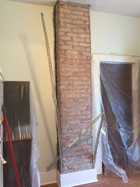 Exposing and Whitewashing a Brick Chimney Exposed Brick Kitchen, Exposed Brick Fireplaces, Brick Living Room, Behr Ultra, Kitchen Chimney, Brick Columns, Baseboard Trim, Brick Chimney, Beadboard Backsplash