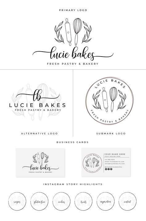 bakery logo set, baker logo, premade logo, food logo, business logo Home Bakery Logo Ideas, Christian Bakery Names, Dessert Logo Design Ideas, Bakeshop Logo, Cheesecake Business, Bakery Font, Artisanal Bakery, Bakery Branding Logo, Home Bakery Logo