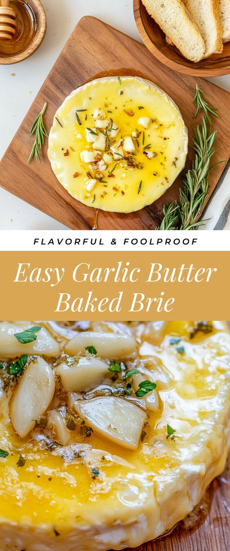 Image for Easy Garlic Butter Baked Brie Baked Brie Garlic Rosemary, Baked Brie Snowflake, Brie Garlic, Easy Garlic Butter, Clematis Varieties, Roasted Garlic Cloves, Brie Cheese, Baked Brie, Cheese Lover