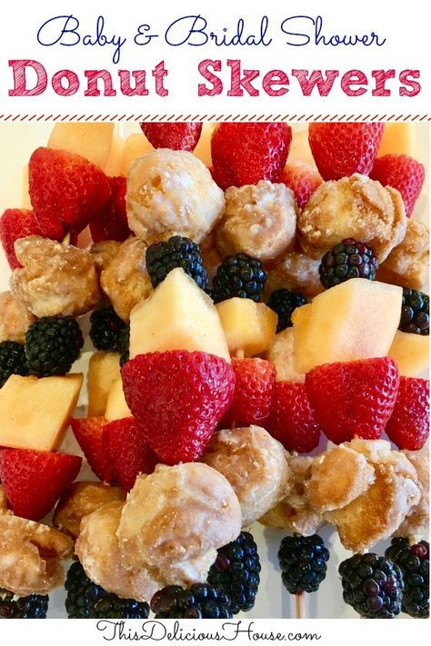 Donut and Fruit Skewers Kabobs are an easy recipe to serve at Baby Showers or Bridal Showers. Great as an after school snack too or kids birthday parties. #donut #fruit #skewer #babyshowerfood #bridalshowerfood #easyrecipe #dessert #appetizer #breakfast #brunch #footballfood #afterschoolsnack Kids Birthday Snacks, Bridal Shower Appetizers, Brunch Ideas For A Crowd, Fruit Kabob, Shower Appetizers, Birthday Breakfast Party, Kids Brunch, Brunch Appetizers, Birthday Snacks