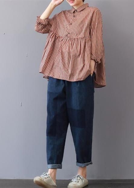 158fc2ddd52ec2cf54d3c161f2dd6517desc45149163ri Linen Blouses, Mode Turban, Loose Shirts, Linen Blouse, Linen Clothes, Striped Linen, Mode Inspiration, Plus Size Blouses, Lapel Collar