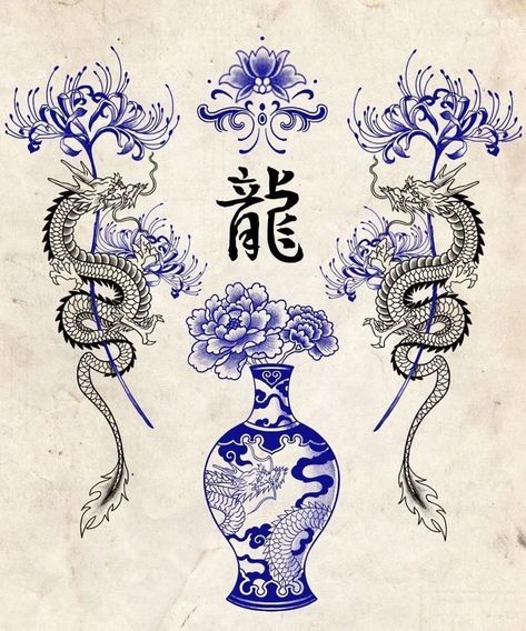 Symmetrical Back Tattoo For Women, Asian Neck Tattoo, Chinese Theme Tattoo, Tattoo Ideas Asian, Chinese Art Tattoo, Japanese Flower Tattoos, Tattoos Asian, Japanese Flower Tattoo, Blue Tattoo