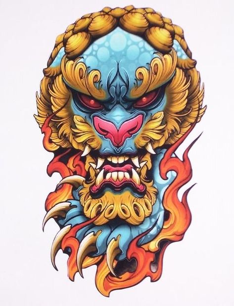 Asian Tattoo Sleeve, Foo Dog Tattoo Design, Foo Dog Tattoo, Samurai Tattoo Design, Lion Head Tattoos, Fu Dog, Japanese Art Prints, Asian Tattoos, Japanese Sleeve Tattoos