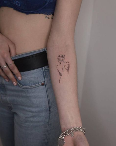 Silloute Tattoos, Back Or Arm Tattoo Women, Outline Of Body Tattoo, Tattoo Inner Forearm Woman, Woman Shape Tattoo, Back Arm Tattoo Women Minimalist, Woman’s Silhouette Tattoo, Tattoo Women Silhouette, Silhouette Tattoo Woman