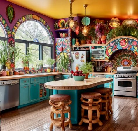 Eclectic Kitchen Bohemian, Rustic Kitchens, Bohemian Beauty, Bohemian Kitchen, Mexican Home Decor, Colorful Kitchen, Mexican Home, Eclectic Kitchen, Unique Decoration