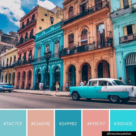 Blue and Pink | Cuba | Architecture |Color Palette Inspiration. | Digital Art Palette And Brand Color Palette. Cuba Architecture, Prom Committee, Types Of Home Decor Styles, Colour Themes, Cuban Art, Art Palette, Havana Color, Western Rustic, Palette Inspiration