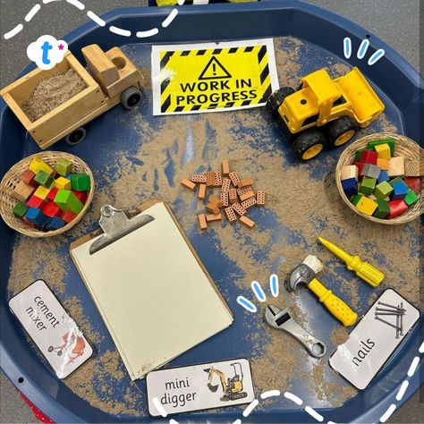 EYFS Construction Tuff Tray Pack 👉 Follow the link. "We have been learning all about occupations and the children have really enjoyed learning about the roles of a scientist and a chef. We are now ready to learn all about the role of a builder 👷🏽‍♀️" - @early_years_with_liane [Instagram] #builderplay #constructionplay #pretendplay #tufftrayideas #twinklparents Occupation Tuff Tray, Eyfs Construction Activities, Early Years People Who Help Us Activities, Construction Area Early Years Activities, Utw Eyfs Activities, Construction Tuff Tray Ideas, Preschool Construction Area, Eyfs Construction Area, People Who Help Us Eyfs Activities