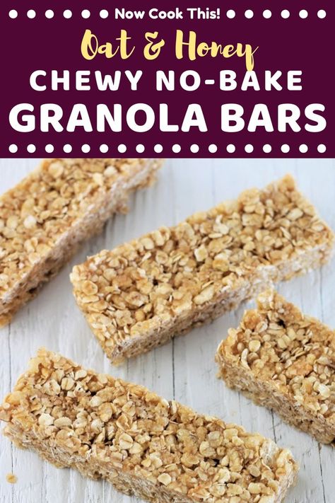 These would be heavenly dipped in Chocoley Chocolate! These homemade Oat and Honey Chewy No-Bake Granola bars are so quick, easy, and delicious that you may never buy granola bars again. Plus, you can customize them with your favorite add-ins and toppings. Click through for the recipe! #homemadegranolabars #chewygranolabars #granolabars #healthysnacks | nowcookthis.com No Bake Healthy Granola Bar Recipe, 3 Ingredient Granola Bars, Made Good Granola Bar Recipes, Sunbelt Bakery Granola Bars Recipe, Sunbelt Granola Bars Recipe, Homemade Gronala Bars, Homemade Granola Bars No Bake, Honey Granola Bar Recipe, Granola Bars Homemade