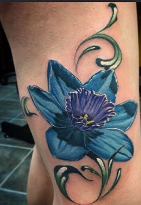 Aquamarine Daffodil Tattoo, Blue Daffodil Tattoo, Daffodil Flower Tattoo, Daffodils Tattoo, Daffodil Flower Tattoos, Tattoo Colors, Daffodil Tattoo, October Flowers, Daffodil Flower