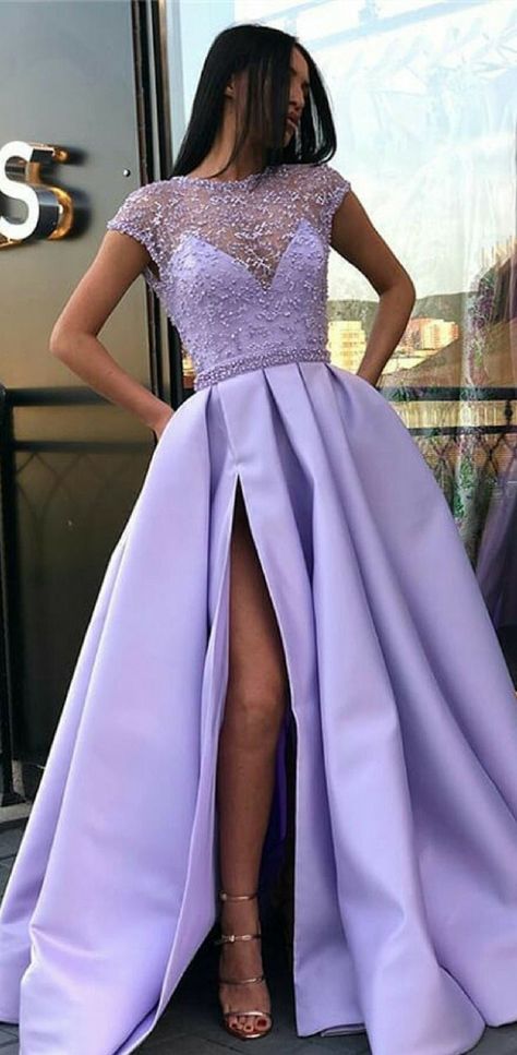 71a58e8cb75904f24cde464161c3e766desc52071052ri Cap Sleeve Prom Dress, Lavender Prom Dresses, Evening Dress Beaded, Beaded Formal Dress, Senior Prom Dresses, Prom Dresses With Pockets, Purple Prom Dress, Satin Evening Dresses, Long Prom Dresses