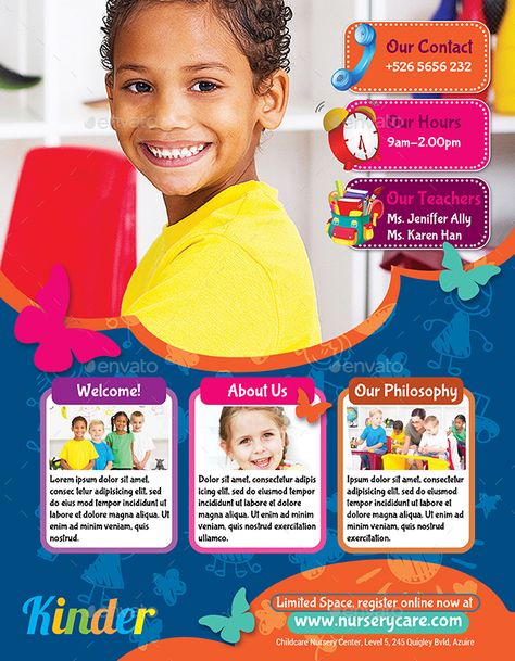 Childcare Nursery Flyer Childcare Advertising Ideas, Kindergarten Advertising Design, Daycare Flyers Templates Free, Childcare Flyer, Daycare Advertising Flyers, Kids Magazine Design, Preschool Set Up, School Advertising, Graphic Design School