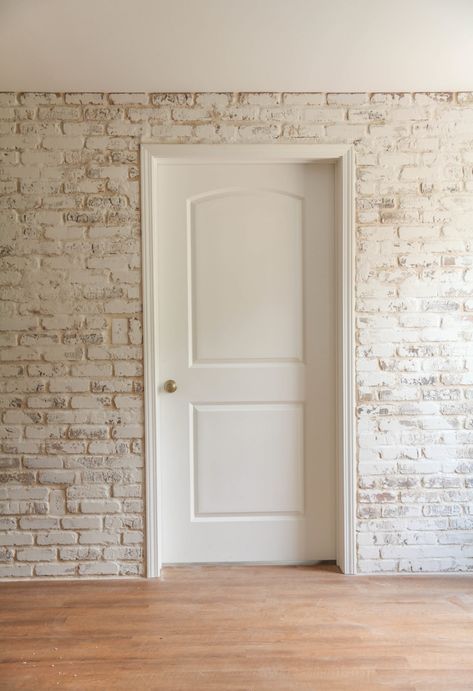 White Wash Interior Brick Wall, White Brick Paneling Accent Walls, Stucco Brick Wall, Faux Brick Wall Bedroom Ideas, Brick Wall In The Kitchen, Whitewash Brick Interior, Fake Brick Wall Kitchen, Open Brick Wall, Brick Wall Foyer