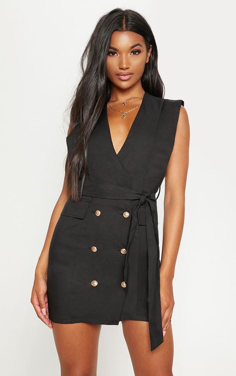 Black Sleeveless Gold Button Detail Blazer Dress Sleeveless Blazer Dress Outfits, Sleeveless Blazer Dress, Blazer Dress Outfits, Sleeveless Blazer, Tuxedo Dress, Backless Prom Dresses, Killer Heels, Tailored Blazer, Dress Purple