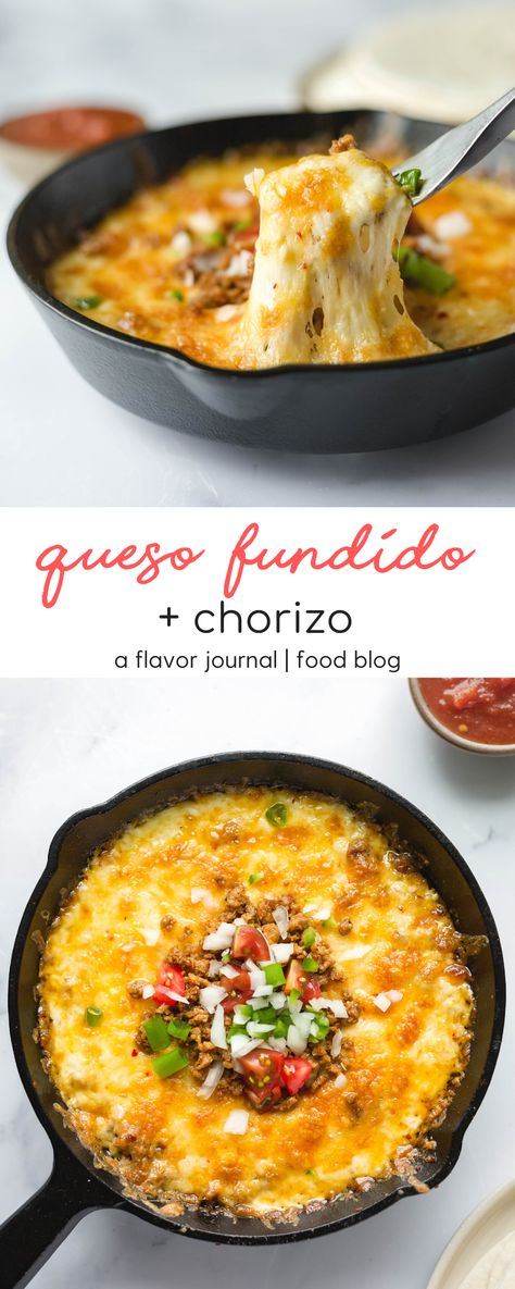 queso fundido with chorizo recipe :: gooey cheese, spicy chorizo, onions and peppers.  perfectly scoopable with a fork to load into a flour tortilla and devour!  #fundido #chorizo #mexicanfood #appetizer #quesofundido via @aflavorjournal Quest Fundido With Chorizo, Queso Fundido With Chorizo, Queso Fundido Recipe, Fundido Recipe, Chorizo Queso, Chorizo Recipe, Cheesy Appetizer, International Dishes, Chorizo Recipes