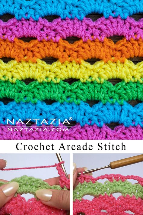 Crochet Arcade Stitch - Naztazia ® Daphne Afghan Pattern, Colorful Crochet Patterns Free, Naztazia.com Free Crochet Patterns, Crochet Arch, Arcade Stitch Crochet, Arcade Stitch, شال كروشيه, Crochet Shell Stitch, Crochet Stitches Free