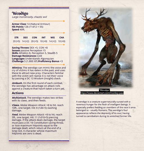 Unearthed Arcana Dnd Wendigo, Wendigo Dnd, Shadowfell Monsters, Wendigo Monsters, Dnd Beasts, The Wendigo, Dnd Monster, Dnd Stats, Unique Creatures