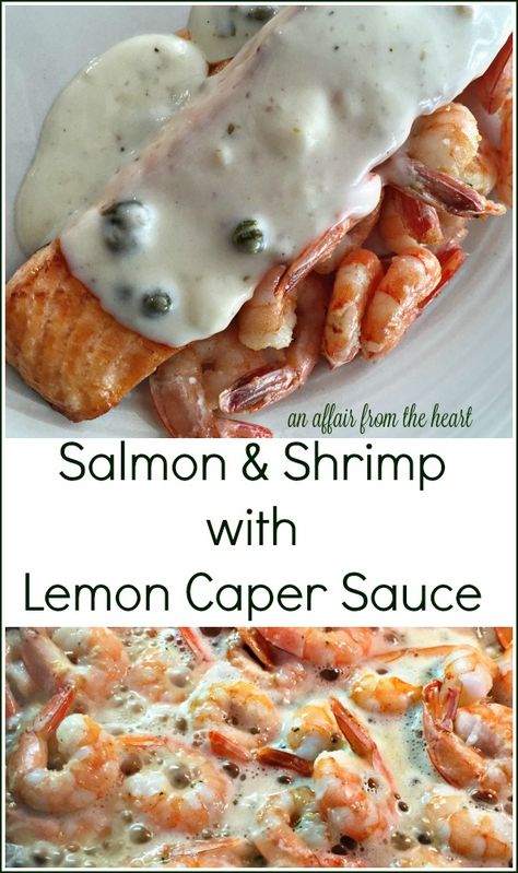 This healthy salmon with lemon caper butter sauce recipe is so delicious and easy to make! Creamy and savory, the white wine sauce is cooked to perfection and drizzled over tender salmon and shrimp. Caper Sauce For Salmon, Seafood Butter Sauce Recipe, Salmon Loaf Recipes, Shrimp With Lemon, Low Calorie Sauces, Salmon With Lemon, Capers Recipe, Lemon Caper Sauce, Caper Sauce