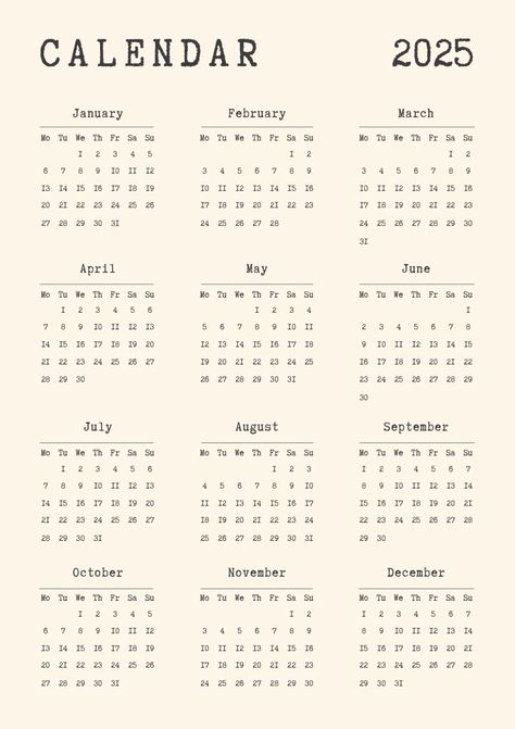 #typewrite #retro #minimalistic #yearly #calendar #2023 #2024 #2025 #2026 8 pages - 2 options for starting the week from Monday and from Sunday 2025 Yearly Calendar, 2024 2025 Calendar, Yearly Calendar 2023, Yearly Calendar Template, Calendar Journal, Coloring Calendar, Scrapbook Printing, Cute Calendar, Planner Business