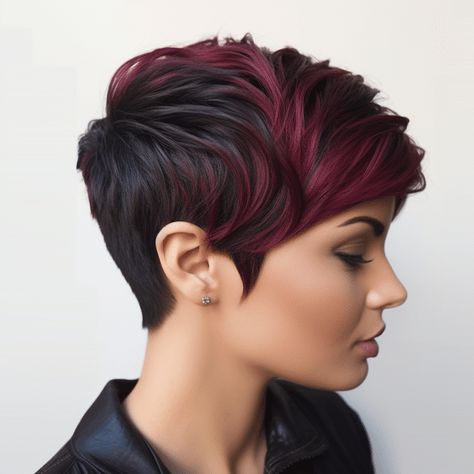 Dark Short Pixie Hair, Pixie Hairstyles Dark Hair, Dark Short Hair Color Ideas, Fall Pixie Hair Color, Hair Color Pixie Cut, Tousled Lob, Red Pixie Haircut, Dark Hair Color Ideas, Pixie Hair Color