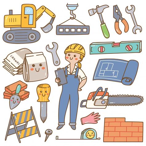 Engineer Cartoon, Vector Building, Bright Illustration, Kawaii Doodle, Building And Construction, Illustration Series, Construction Drawings, Kawaii Doodles, Building Construction