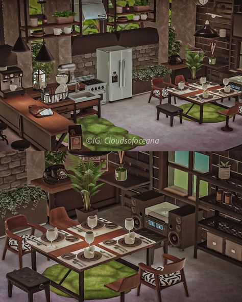 Acnh Kitchen Designs Black, Happy Home Paradise Kitchen, Animal Crossing Kitchen Designs, Acnh Modern Kitchen, Acne Kitchen, Acnh Kitchen Ideas, Animal Crossing Kitchen Ideas, Acnh Kitchen Designs, Animal Crossing Kitchen