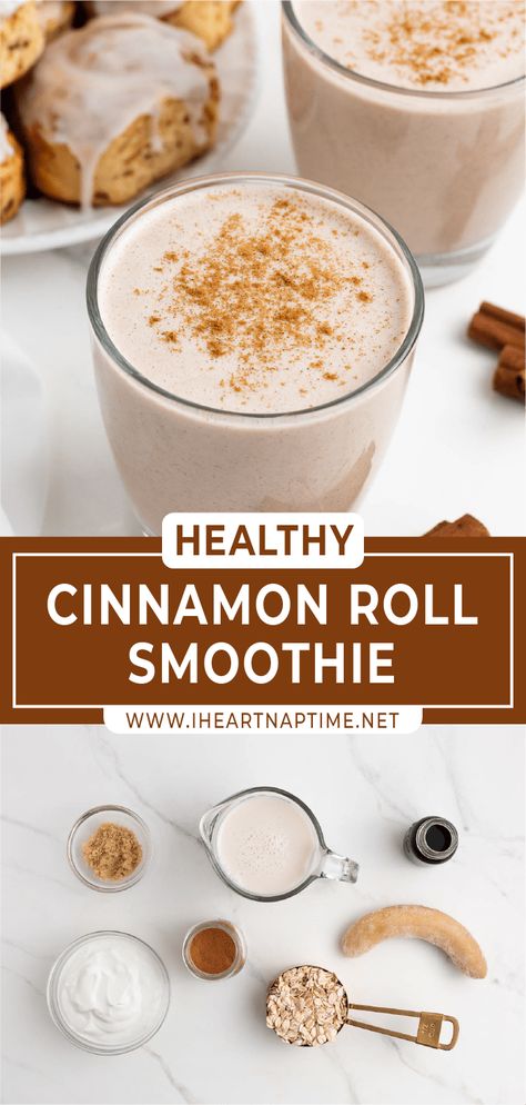 Cinnamon Bun Smoothie, Cinnamon Roll Smoothie, Breakfast Shakes Healthy, Cinnamon Roll Breakfast, Healthy Cinnamon Rolls, Cinnamon Smoothie, Cinnamon Breakfast, Breakfast Shakes, Protein Smoothie Recipes