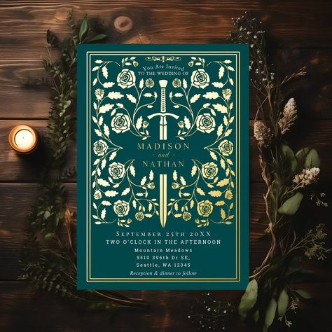 Teal Royal Medieval Sword Wedding Foil Invitation Invite your wedding guests with this Royal Gold Sword Medieval Fantasy design. It is perfect for couples seeking a regal yet modern medieval fantasy aesthetic. For more invitations and gifts, our Zazzle shop #linkinbio #Zazzlemade #weddingstationery #weddinginvitation #weddingplanner #weddingplans #weddinginspiration #weddinginspo #elegantwedding #weddingtrends #weddingsuite #weddinginvites #weddingideas #weddinginvitations #weddinginvites ... Medieval Wedding Invitations, Medieval Fantasy Aesthetic, Princess Wedding Invitations, Green Gold Weddings, Modern Medieval, Enchanted Forest Wedding, Medieval Wedding, Fantasy Design, Swords Medieval