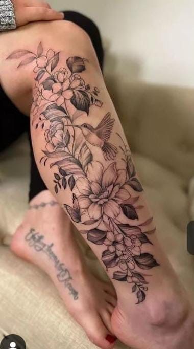 Hummingbird Leg Tattoo, Ladies Leg Tattoos For Women, Small Calf Tattoos For Women, Calf Tattoos Women, Candy Skull Tattoo For Men, Side Calf Tattoos For Women, Shin Tattoos For Women, Medical Tattoos, Endless Tattoo