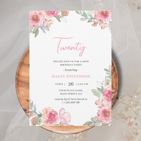 Adult Birthday Invitations | Watercolor Blush Pink Floral Twenty 20th Chic Birthday Invitation This elegant and chic design features washed out blush pink colored floral greenery rustic boho chic feminine theme and Script typography on a white background. Personalize the invite with your details and if you want to further re-arrange the style and placement of the text, please press the "Click to customize further" button. For more products in the same theme visit my shop: Youtopia Official. Watercolor Birthday Invitation, 20th Birthday Invitations, Birthday Invitations Pink, 21st Invitations, 21st Ideas, Feminine Theme, Invitations Pink, 20th Birthday Party, Chic Birthday