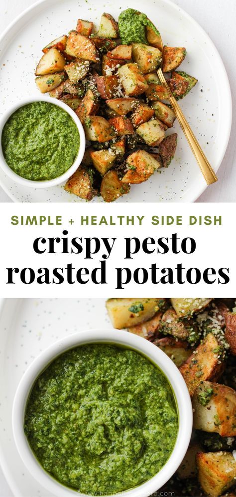 Cheap Healthy Dinner Sides, Pesto New Potatoes, Roasted Pesto Potatoes, Pesto And Potatoes, Parmesan Pesto Roasted Potatoes, Pesto Potatoes Roasted, Side Dishes For Ribeye Steak, Healthy Steak Sides, Recipes With Pesto Healthy