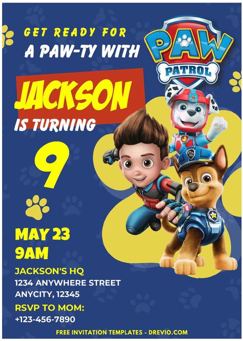 Free (Easily Edit PDF Invitation) PAW-TY With PAW Patrol Birthday Invitation Prepare to host an unforgettable birthday bash for your little one with our Paw Patrol Mighty Pups Super Paws themed birthday invitation templates. If your child is a dedicated PAW Patrol fan, this in... Download this invitation for FREE at https://www.drevio.com/easily-edit-pdf-invitation-paw-ty-with-paw-patrol-birthday-invitation Paw Patrol Banner, Paw Patrol Birthday Invitations, Autumn Invitations, Paw Patrol Characters, Paw Patrol Pups, Free Printable Birthday Invitations, Pink Paws, Paw Pattern, Free Invitation Templates