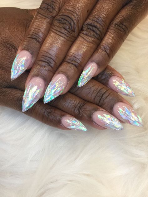 Opalescent Acrylic Nails, How To Holographic Nails, Opal Ombre Nails, Nails With Foil Flakes Silver, Iridescent Sparkle Nails, Holographic Foil Nails, Iridescent Flake Nails, Irradecent Acrylic Nails, Nails With Iridescent Flakes