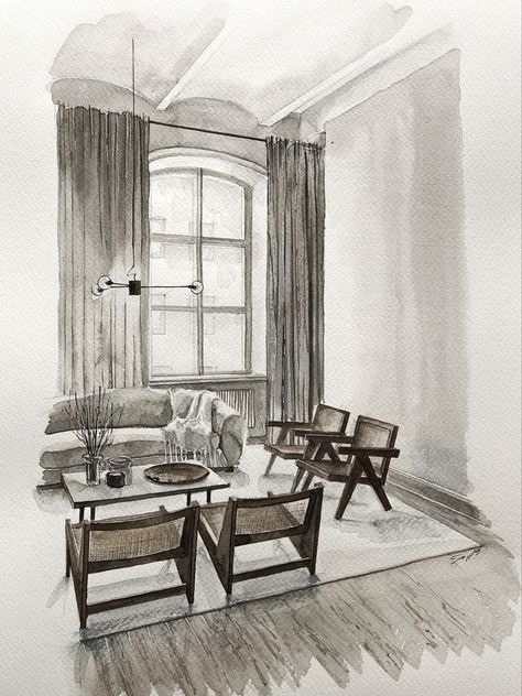 Watercolor Interior, Interior Architecture Sketch, Interior Design Portfolio Layout, Interior Design Sketchbook, Drawing Room Design, Furniture Design Sketches, Interior Design Renderings, Interior Architecture Drawing, Interior Design Drawings