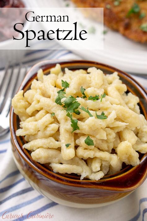 Homemade German Spaetzle Dumplings Recipe • Curious Cuisiniere German Dumplings, German Schnitzel, German Spaetzle, Spaetzle Maker, Spaetzle Recipe, German Food Authentic, Keto Pasta, Chicken Dumplings, Recipe List