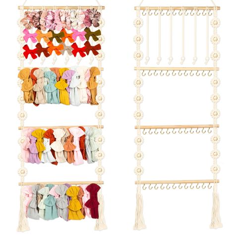 PRICES MAY VARY. Hair Bow Storage: Our XL bow holder for girls hair bows turns your cluttered messy drawer into a beautiful display. Designed for the girl with a bow for every outfit, families blessed with multiple little fashionistas, or twins, this hair bow organizer is a game-changer. With 48 hooks accommodating up to 96 headband bows and 6 slings ready to display 60 clip bows, it's elegance and organization in one. This versatile piece also serves as a headband holder, making it an all-in-on Baby Headband Holders, Macrame Bow, Hair Bow Storage, Bow Storage, Hair Bow Organizer, Headband Organizer, Hair Accessories Storage, Bow Hanger