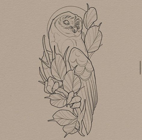 Art Nouveau Owl Tattoo, Owl With Fall Leaves Tattoo, Flower With Wings Tattoo, Harpy Eagle Tattoo, American Traditional Owl Tattoo, Great Horned Owl Tattoo, Owl Tattoo For Women, Neo Traditional Art, Barn Owl Tattoo