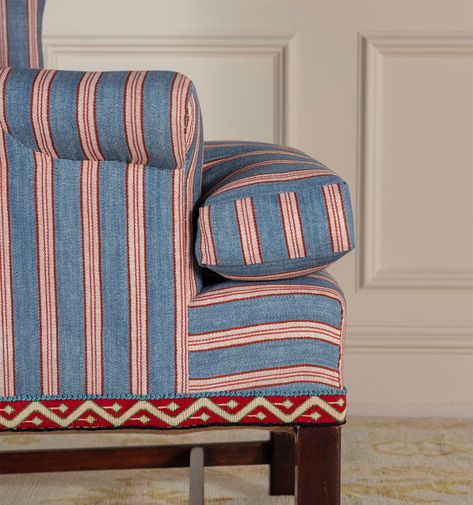 Tynemouth Ticking Blue | Prints | Fabrics | The Collection | Robert Kime Ltd. Wing Armchair, Massachusetts House, Redesign Furniture, Eclectic Chairs, Armchair Upholstery, Chairs Bedroom, British Homes, Relaxing Living Room, Robert Kime